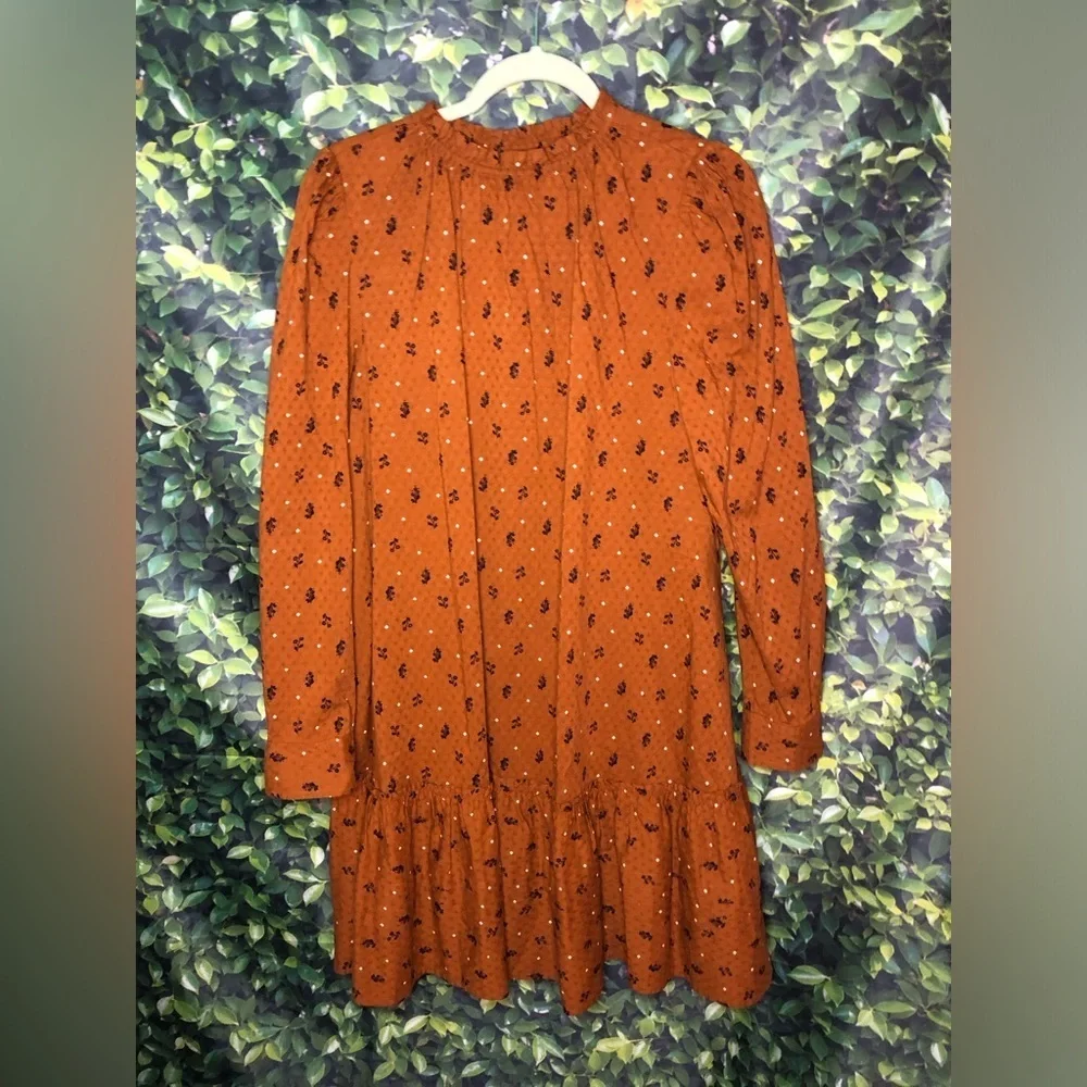 Universal Threads Rust Floral Prairie Babydoll Boho Long Sleeve Ruffle Dress - Picture 2 of 15